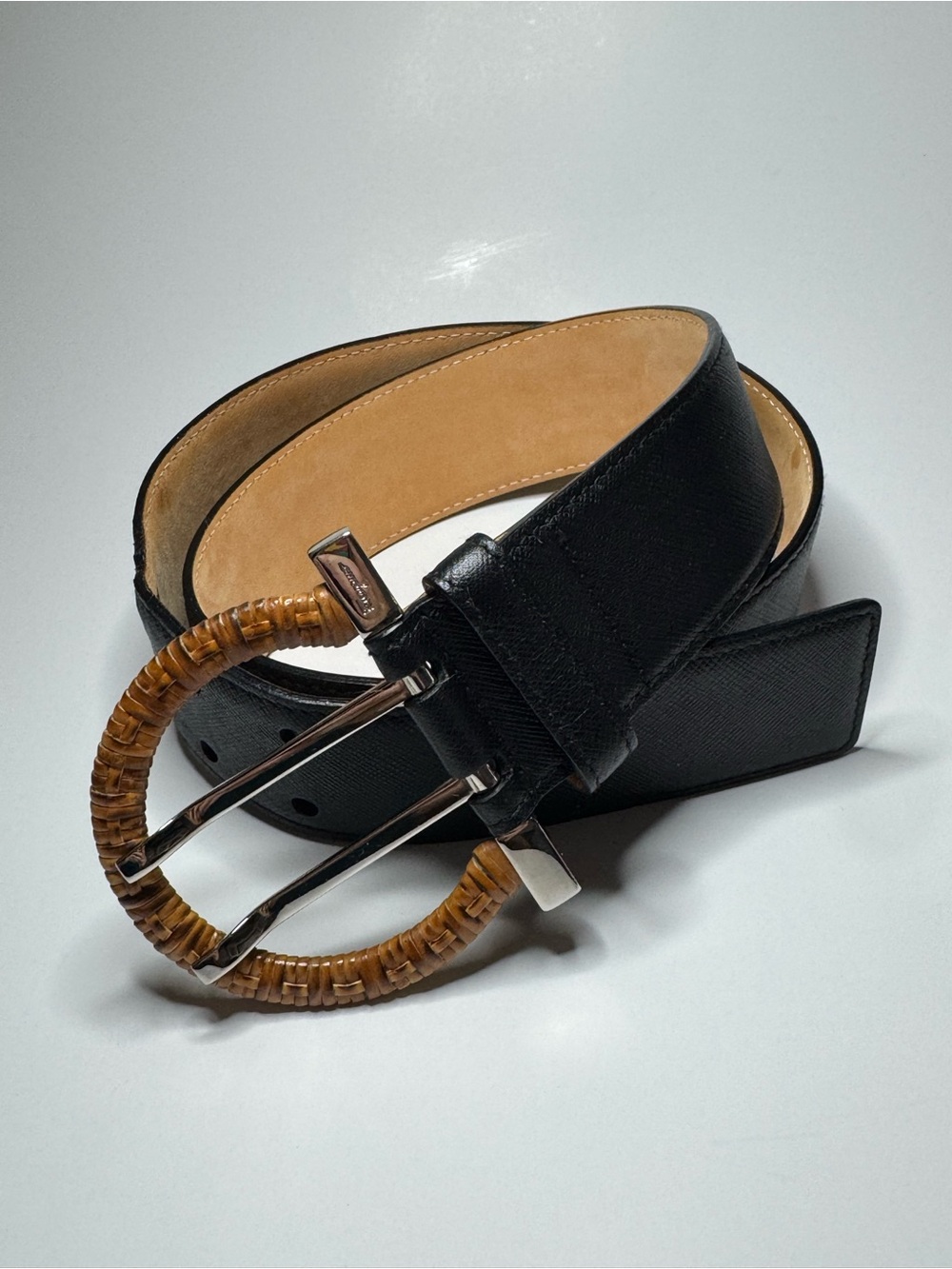 Salvatore Ferragamo Black Leather Belt with Gancini Wicker Belt Buckle 80 Small